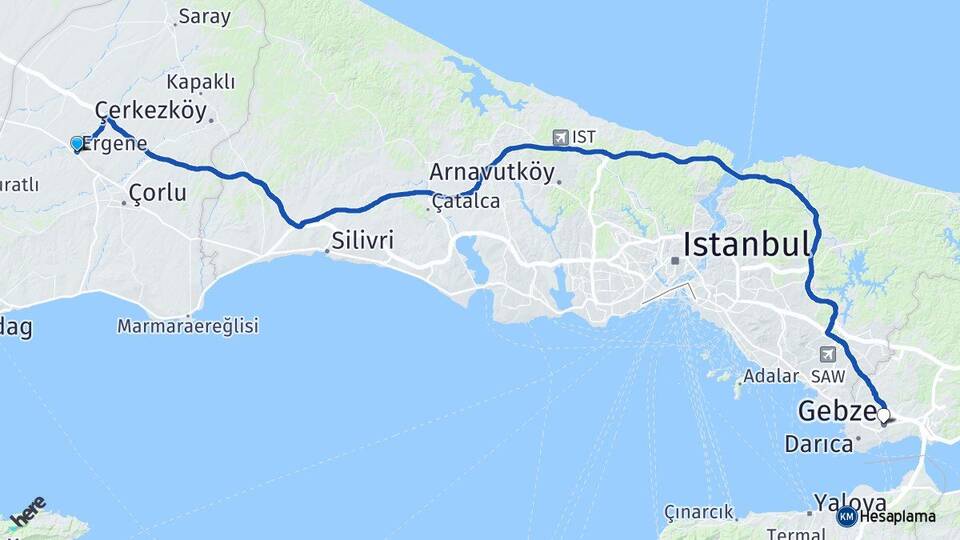 Tekirdağ Ergene Gebze Kocaeli Arası Kaç Km - Yol Haritası