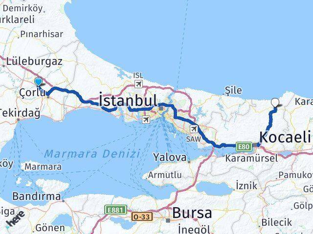 Tekirdağ Ergene Kandıra Kocaeli Arası Kaç Km - Yol Haritası