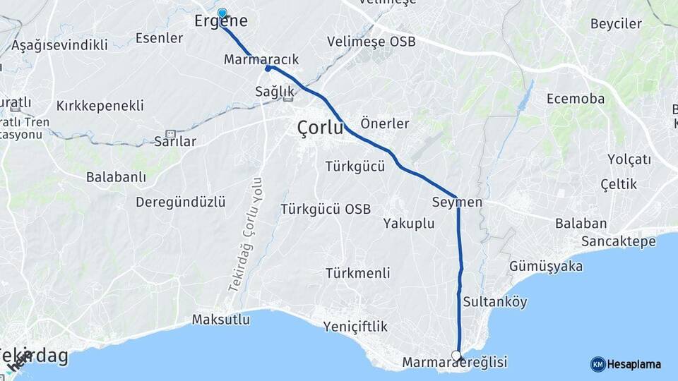 Tekirdağ Ergene Marmaraereğlisi Arası Kaç Km - Yol Haritası