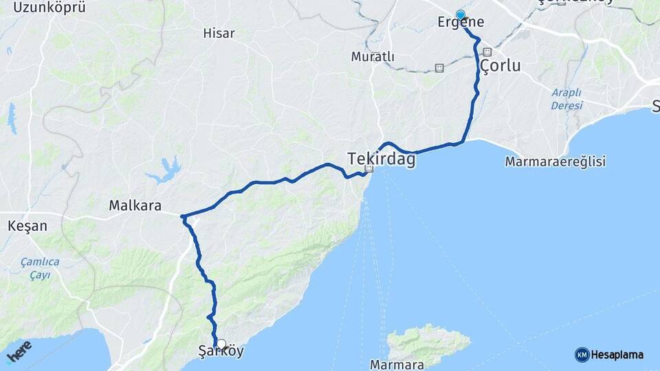 Tekirdağ Ergene Şarköy Arası Kaç Km - Yol Haritası