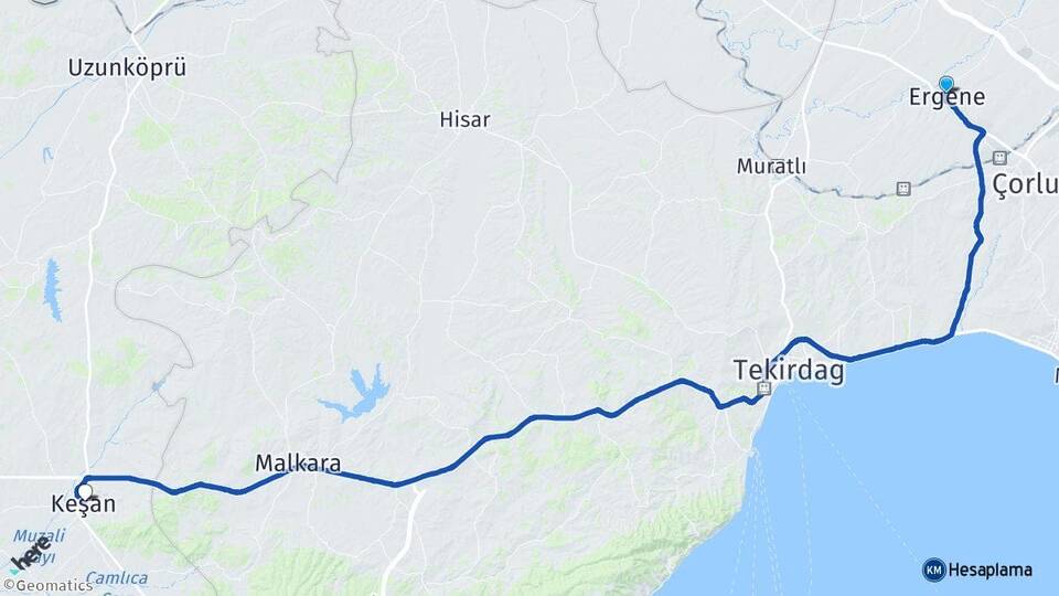 Tekirdağ Ergene Ulaş Keşan Edirne Arası Kaç Km - Yol Haritası