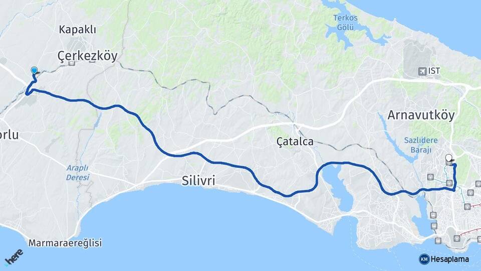 Tekirdağ Ergene Velimeşe Başakşehir İstanbul Arası Kaç Km - Yol Haritası