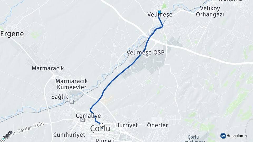 Tekirdağ Ergene Velimeşe Çorlu Arası Kaç Km - Yol Haritası