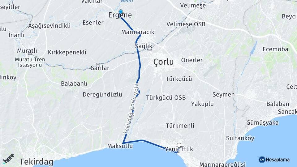 Tekirdağ Ergene Yeniçiftlik Marmaraereğlisi Arası Kaç Km - Yol Haritası
