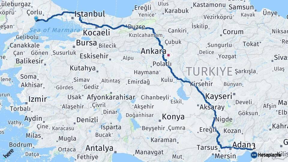 Tekirdağ Erzin Hatay Arası Kaç Km - Yol Haritası