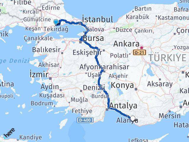 Tekirdağ Gazipaşa Antalya Arası Kaç Km - Yol Haritası