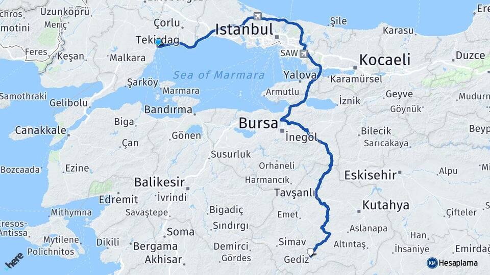 Tekirdağ Gediz Kütahya Arası Kaç Km - Yol Haritası