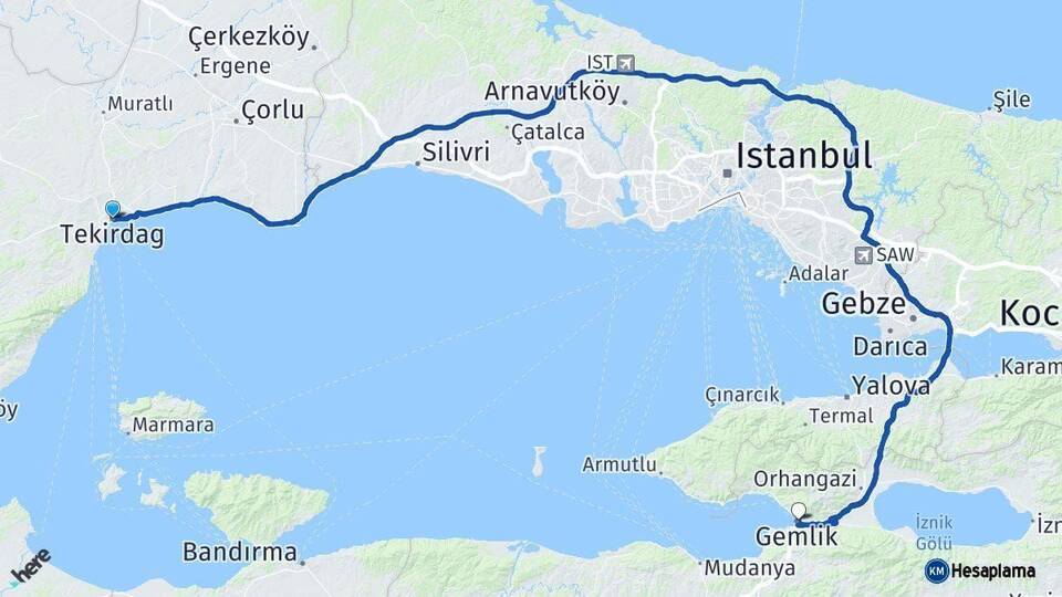 Tekirdağ Gemlik Bursa Arası Kaç Km - Yol Haritası