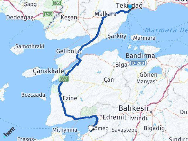 Tekirdağ Gömeç Balıkesir Arası Kaç Km - Yol Haritası