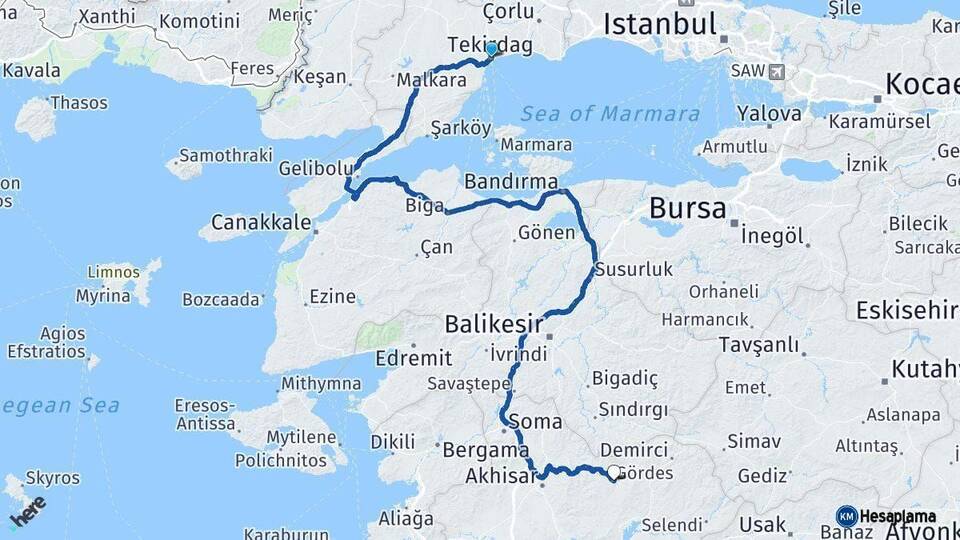Tekirdağ Gördes Manisa Arası Kaç Km - Yol Haritası