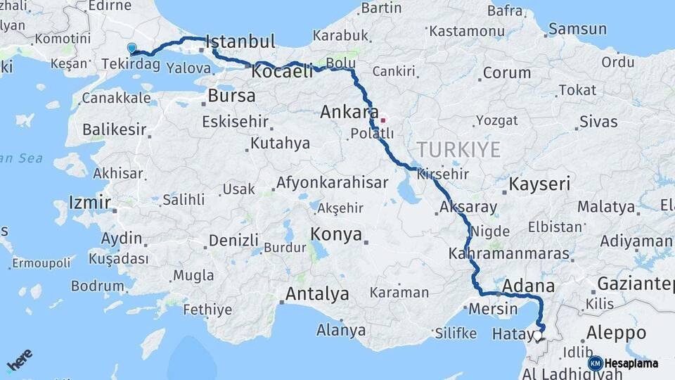 Tekirdağ Hatay Arası Kaç Km - Yol Haritası
