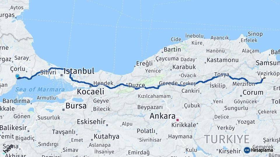 Tekirdağ Havza Samsun Arası Kaç Km - Yol Haritası