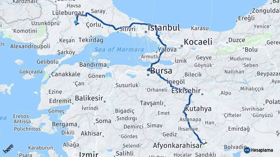 Tekirdağ Hayrabolu Afyonkarahisar Arası Kaç Km - Yol Haritası