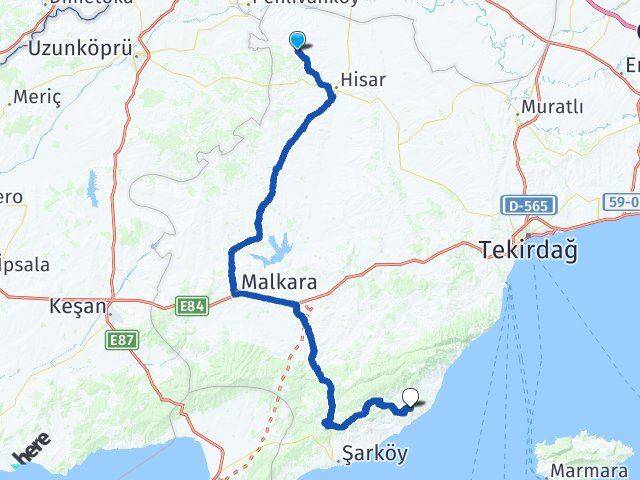 Tekirdağ Hayrabolu Çerkezmüsellim Şarköy Arası Kaç Km - Yol Haritası