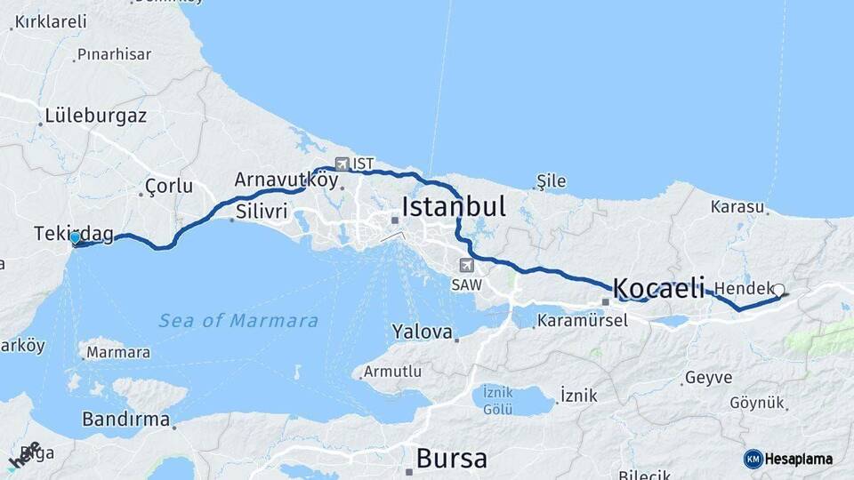 Tekirdağ Hendek Sakarya Arası Kaç Km - Yol Haritası