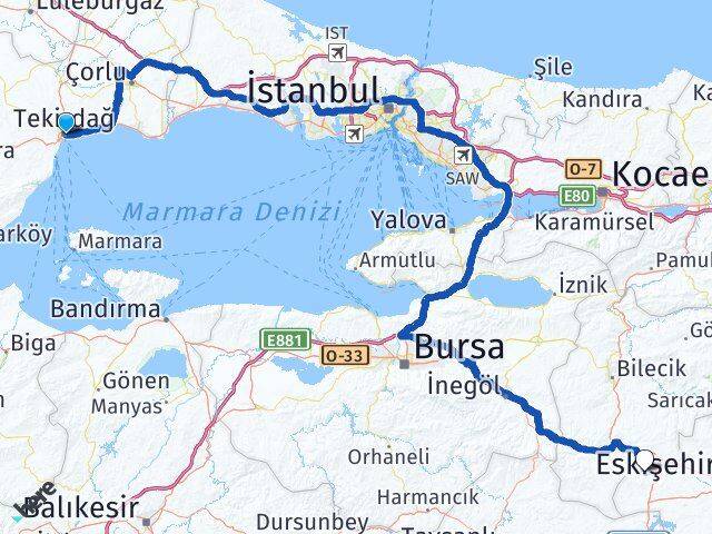 Tekirdağ İnönü Eskişehir Arası Kaç Km - Yol Haritası
