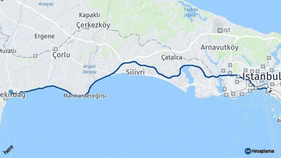 Tekirdağ Kadıköy İstanbul Arası Kaç Km - Yol Haritası