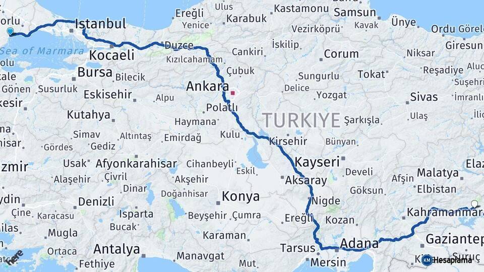 Tekirdağ Kahta Adıyaman Arası Kaç Km - Yol Haritası