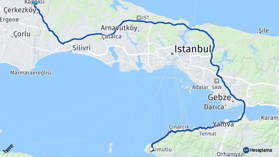 Tekirdağ Kapaklı Armutlu Yalova Arası Kaç Km - Yol Haritası