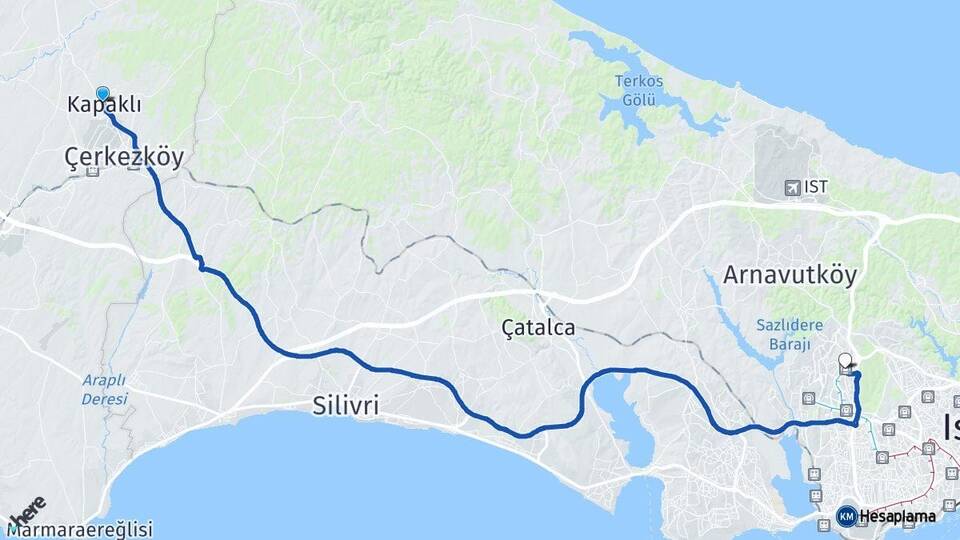 Tekirdağ Kapaklı Başakşehir İstanbul Arası Kaç Km - Yol Haritası