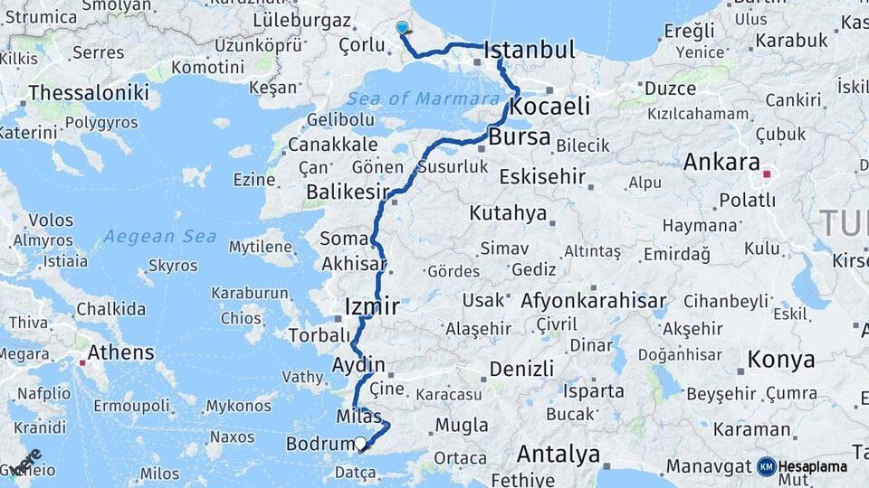 Tekirdağ Kapaklı Bodrum Muğla Arası Kaç Km - Yol Haritası
