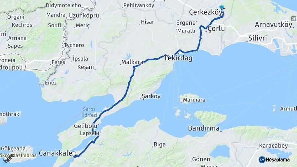 Tekirdağ Kapaklı Çanakkale Arası Kaç Km - Yol Haritası