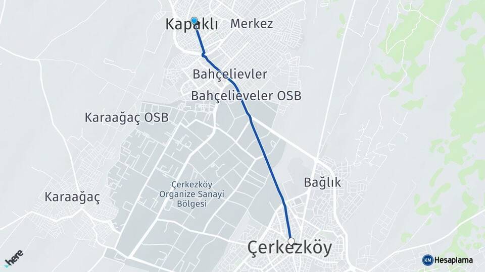 Tekirdağ Kapaklı Çerkezköy Arası Kaç Km - Yol Haritası