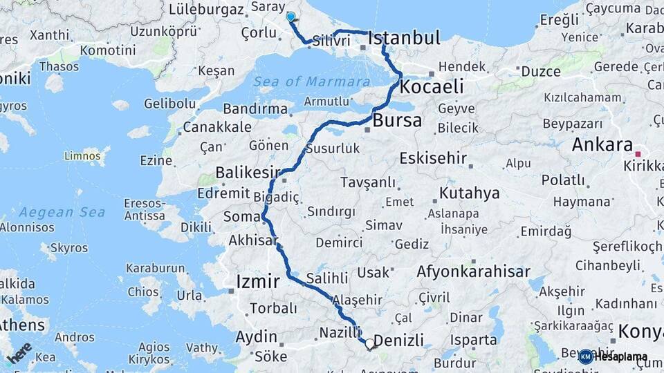 Tekirdağ Kapaklı Denizli Arası Kaç Km - Yol Haritası