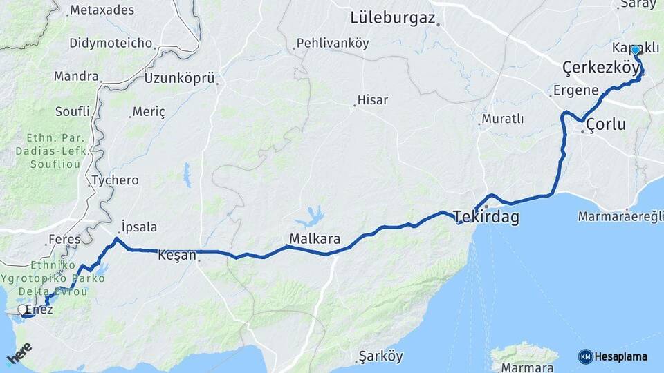 Tekirdağ Kapaklı Enez Edirne Arası Kaç Km - Yol Haritası