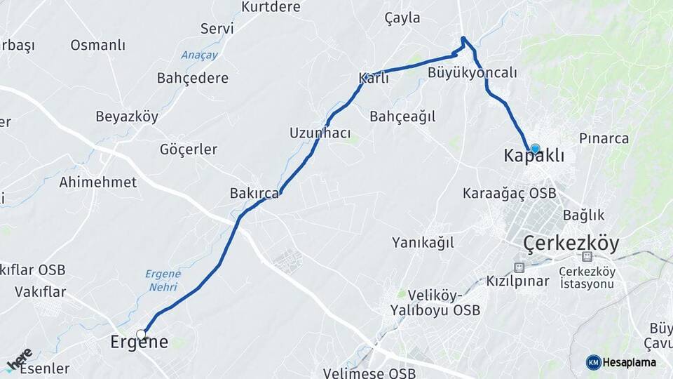 Tekirdağ Kapaklı Ergene Arası Kaç Km - Yol Haritası