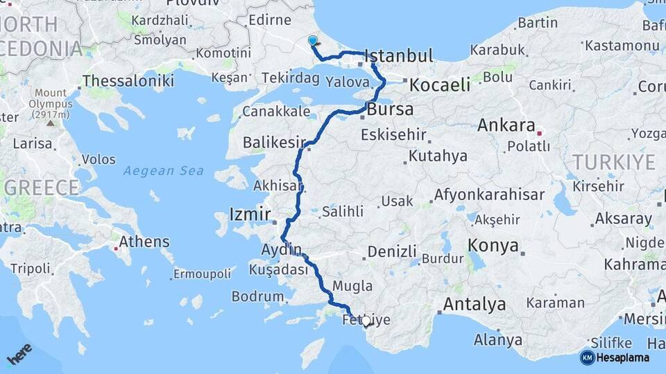 Tekirdağ Kapaklı Fethiye Muğla Arası Kaç Km - Yol Haritası