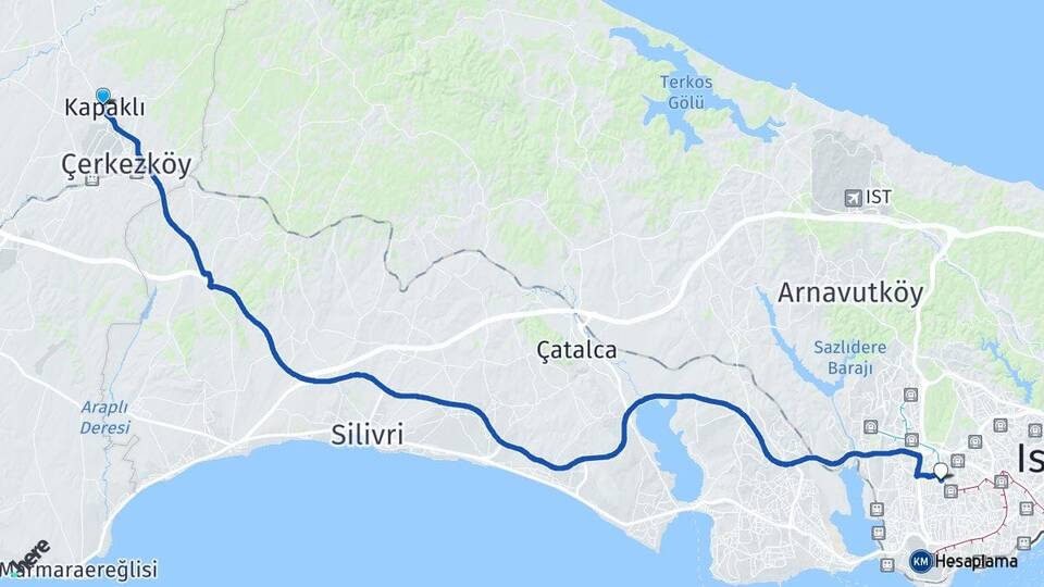 Tekirdağ Kapaklı Güneşli Bağcılar İstanbul Arası Kaç Km - Yol Haritası