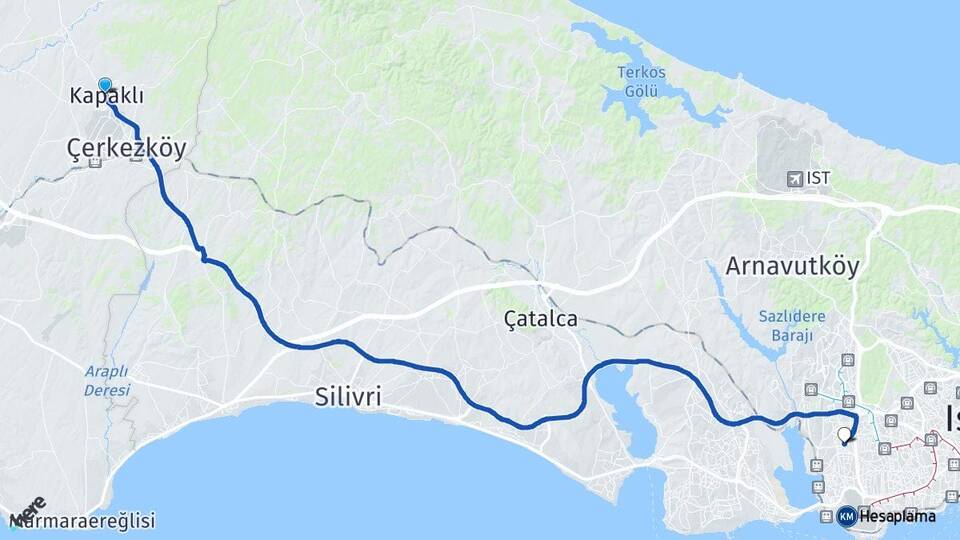 Tekirdağ Kapaklı Halkalı Küçükçekmece İstanbul Arası Kaç Km - Yol Haritası