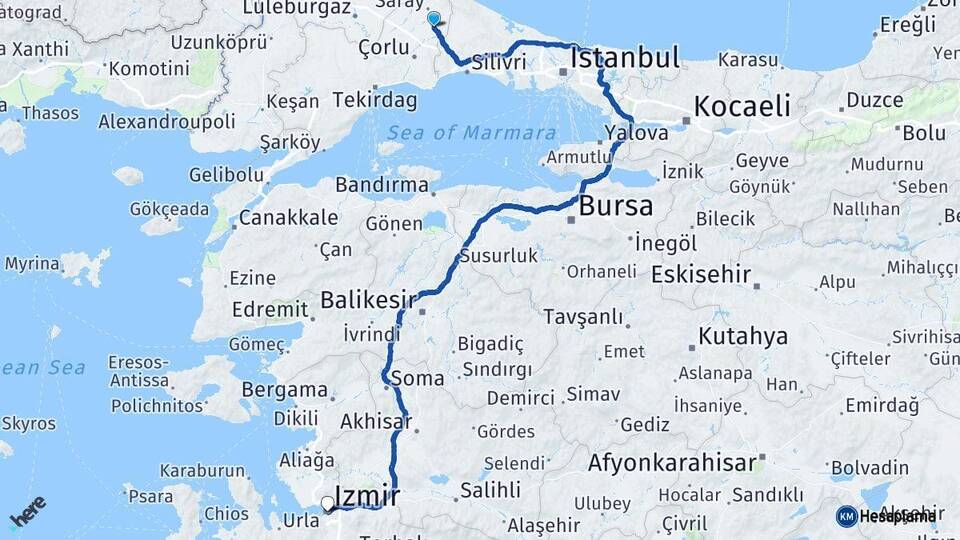 Tekirdağ Kapaklı İzmir Arası Kaç Km - Yol Haritası