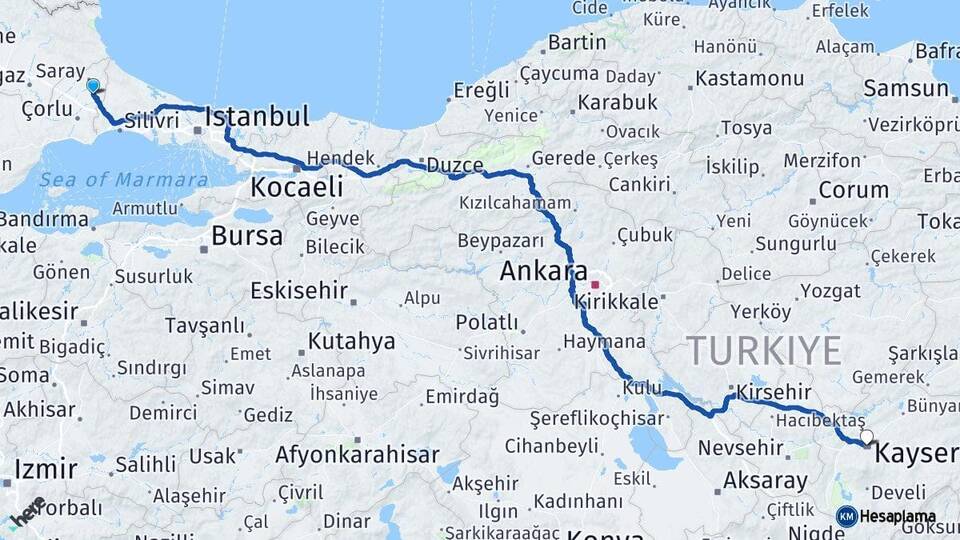 Tekirdağ Kapaklı Kayseri Arası Kaç Km - Yol Haritası