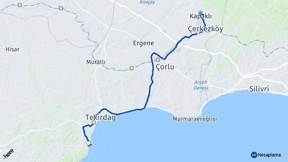 Tekirdağ Kapaklı Kumbağ Süleymanpaşa Arası Kaç Km - Yol Haritası