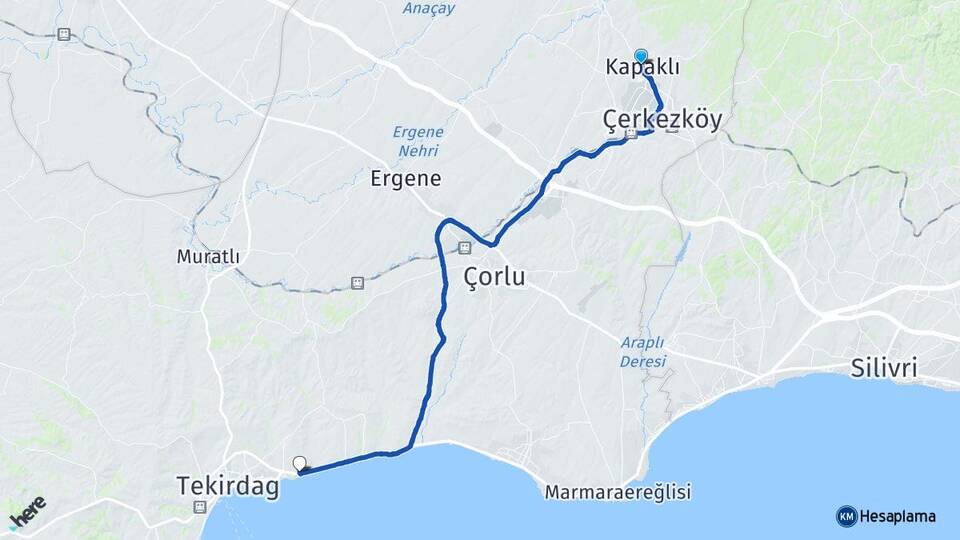 Tekirdağ Kapaklı Namık Kemal Süleymanpaşa Arası Kaç Km - Yol Haritası