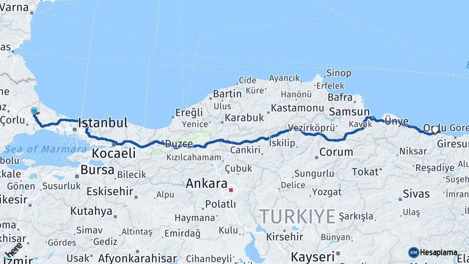 Tekirdağ Kapaklı Ordu Arası Kaç Km - Yol Haritası