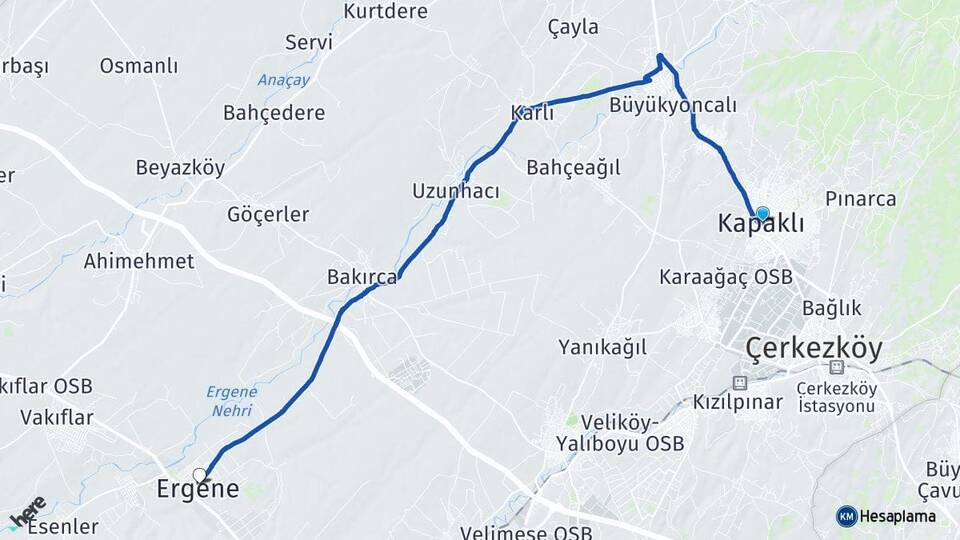 Tekirdağ Kapaklı Ulaş Ergene Arası Kaç Km - Yol Haritası