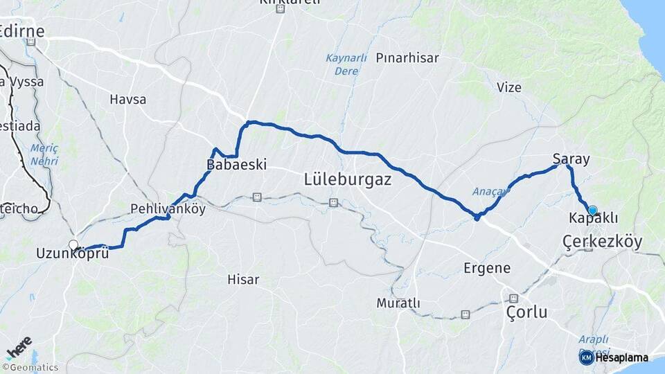 Tekirdağ Kapaklı Uzunköprü Edirne Arası Kaç Km - Yol Haritası