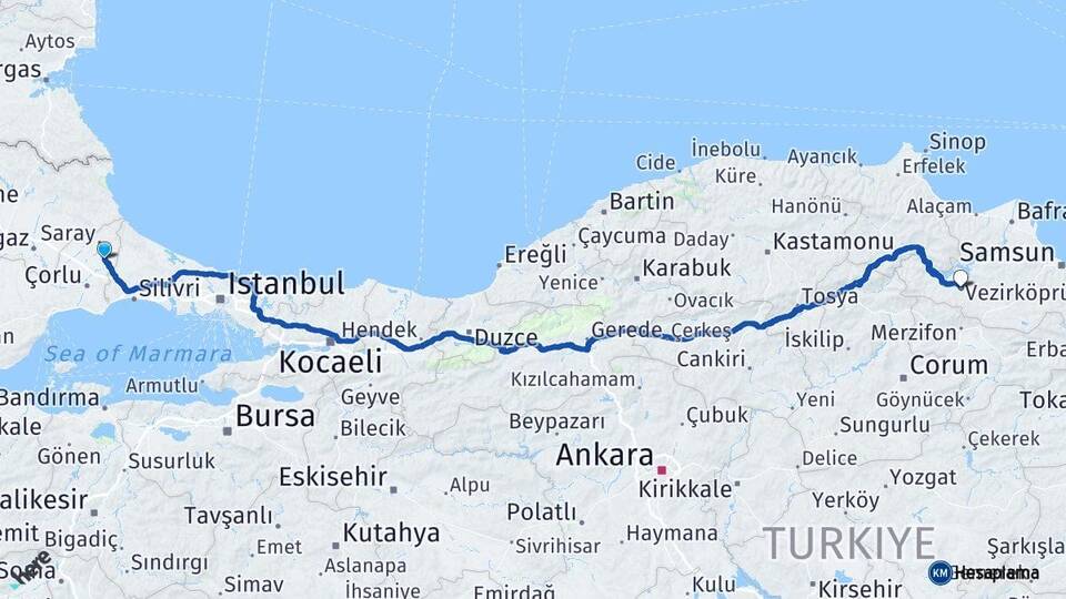Tekirdağ Kapaklı Vezirköprü Samsun Arası Kaç Km - Yol Haritası