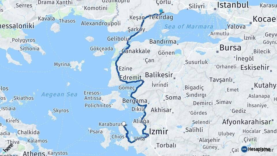 Tekirdağ Karaburun İzmir Arası Kaç Km - Yol Haritası