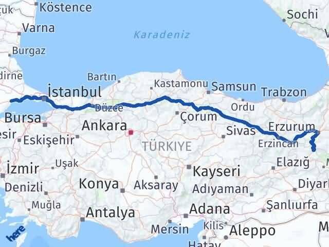 Tekirdağ Karlıova Bingöl Arası Kaç Km - Yol Haritası