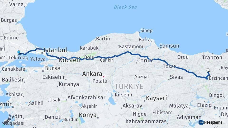 Tekirdağ Kelkit Gümüşhane Arası Kaç Km - Yol Haritası