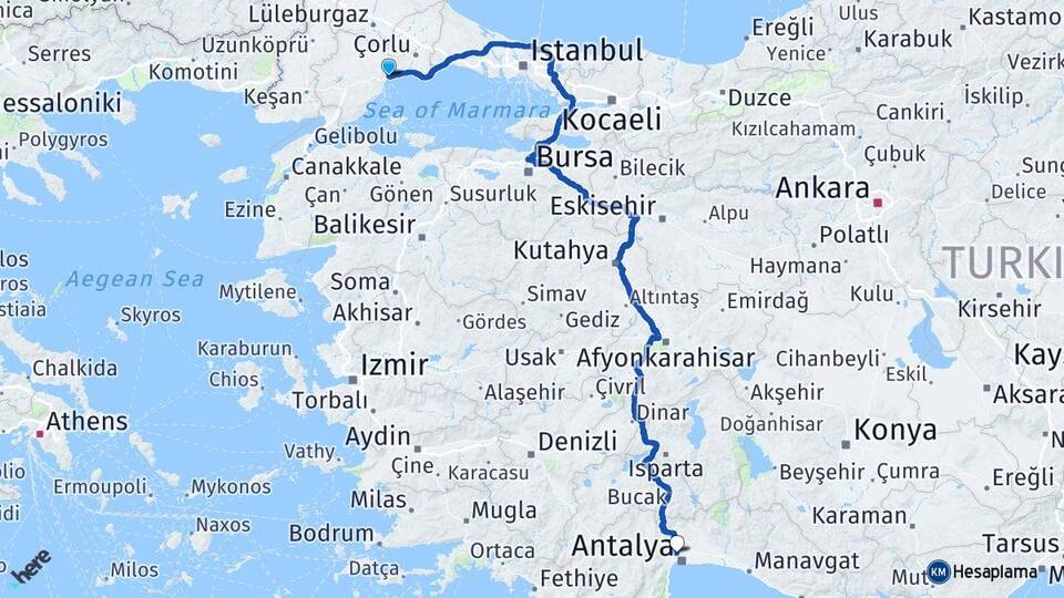 Tekirdağ Kepez Antalya Arası Kaç Km - Yol Haritası