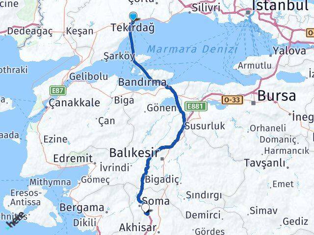 Tekirdağ Kırkağaç Manisa Arası Kaç Km - Yol Haritası