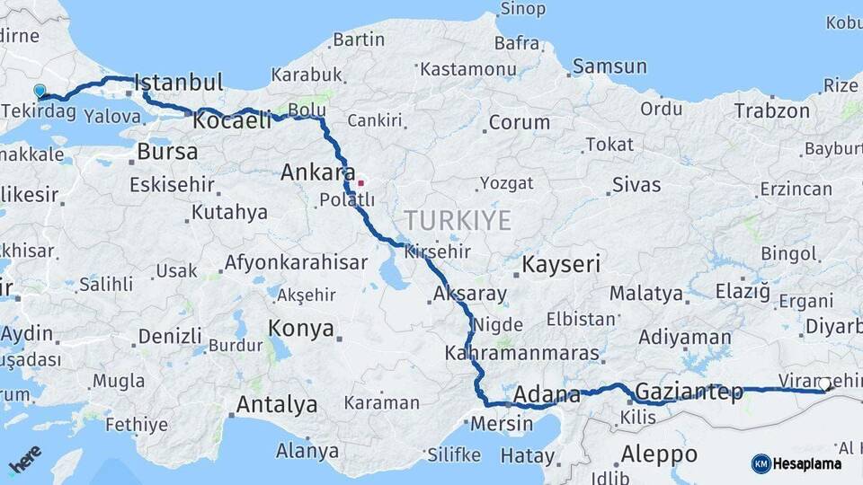 Tekirdağ Kızıltepe Mardin Arası Kaç Km - Yol Haritası