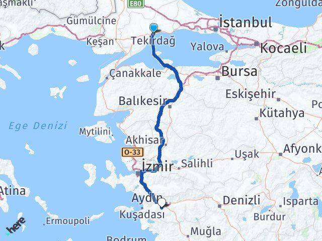 Tekirdağ Koçarlı Aydın Arası Kaç Km - Yol Haritası
