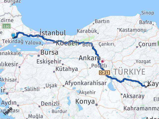 Tekirdağ Kocasinan Kayseri Arası Kaç Km - Yol Haritası