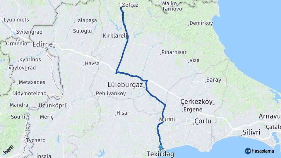Tekirdağ Kofçaz Kırklareli Arası Kaç Km - Yol Haritası
